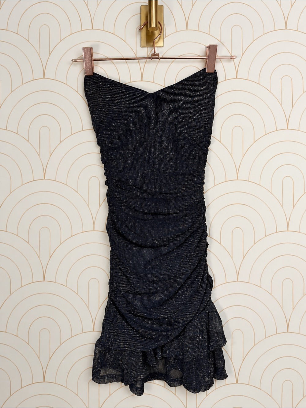 emory park Black Sparkle Ruched Strapless Mini Dress with Ruffle Hem